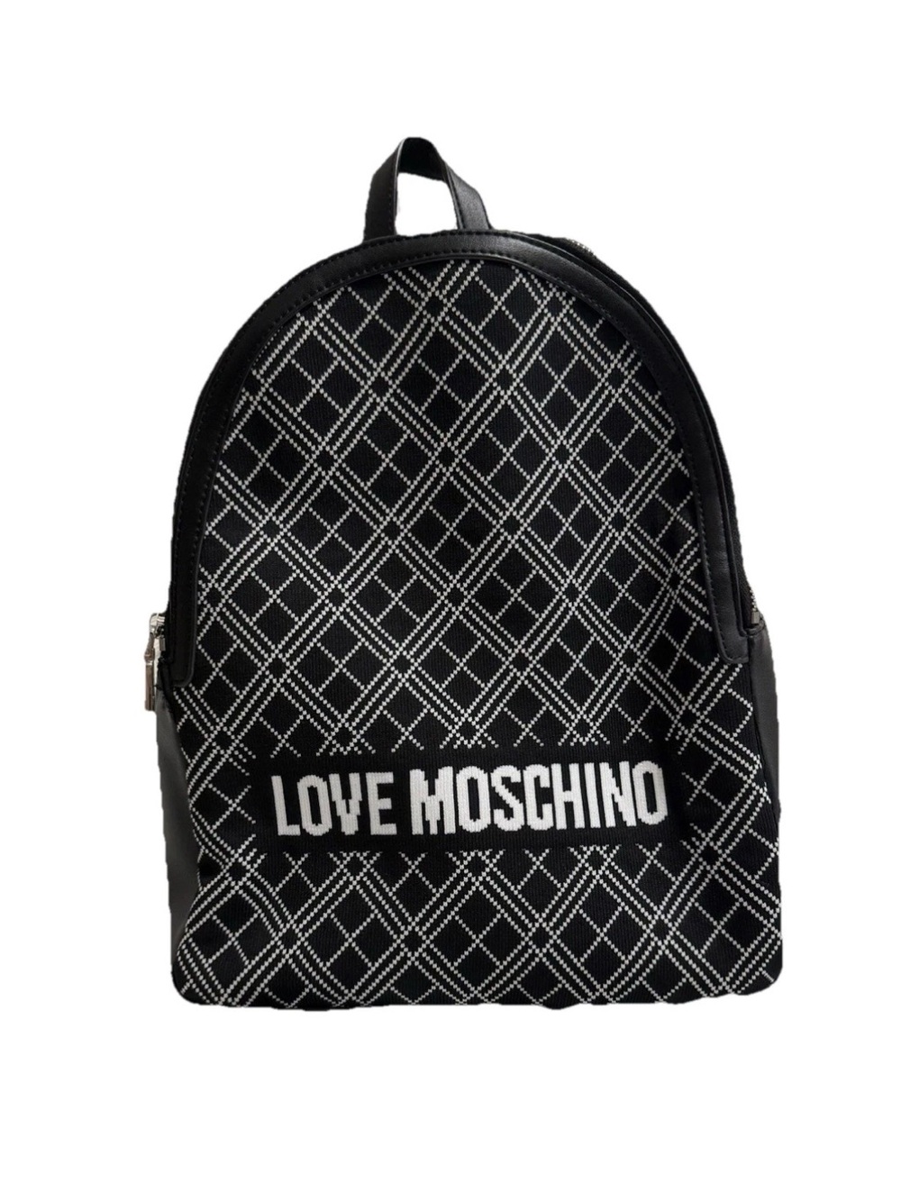 Love Moschino Black & White Jacquard Knit Faux Leather Backpack AW20 collection